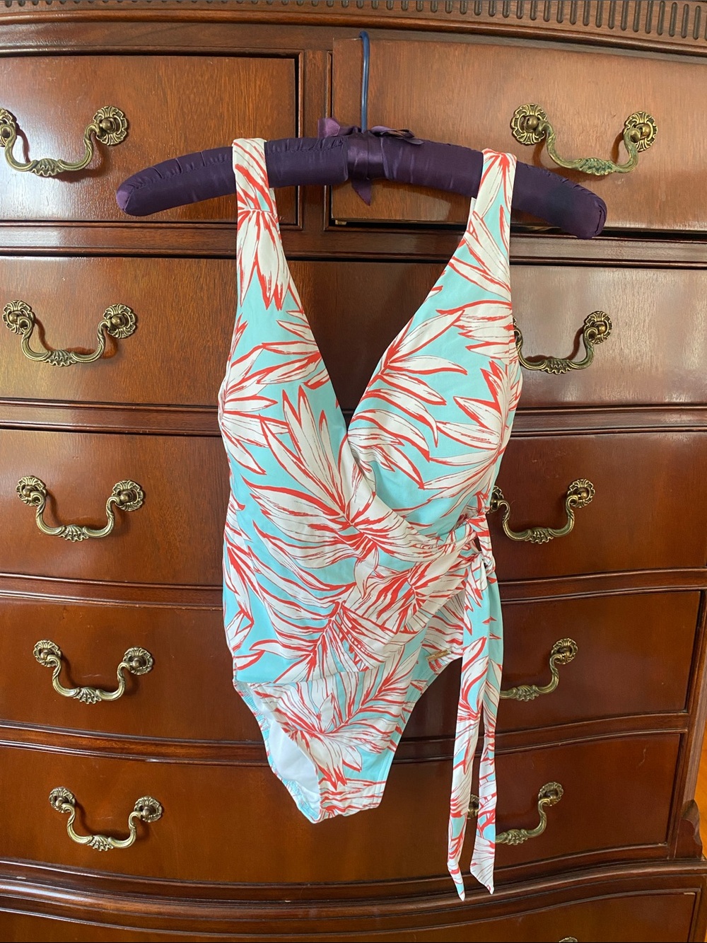 Vince Camuto Aqua and Coral Leaf One-Piece Swimwear